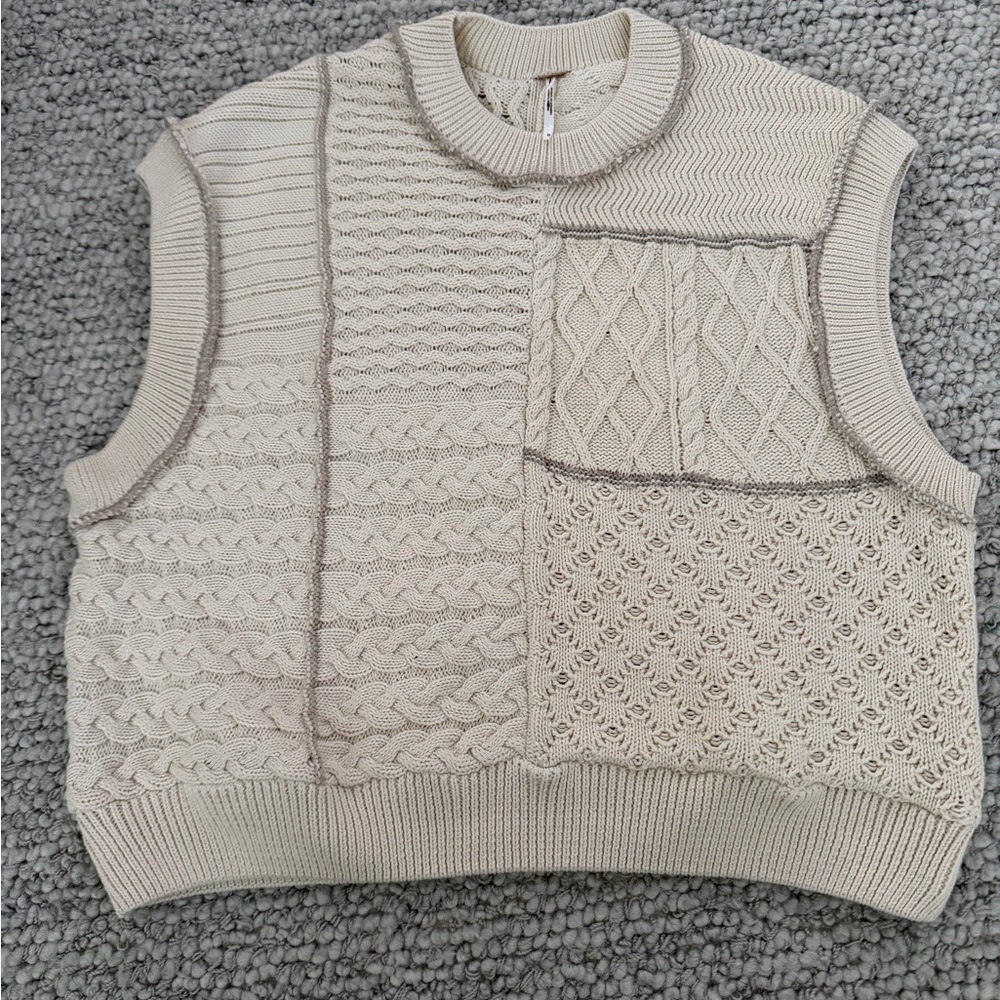 Free People Women's Cream Patchwork Crewneck Sweater Vest-Medium